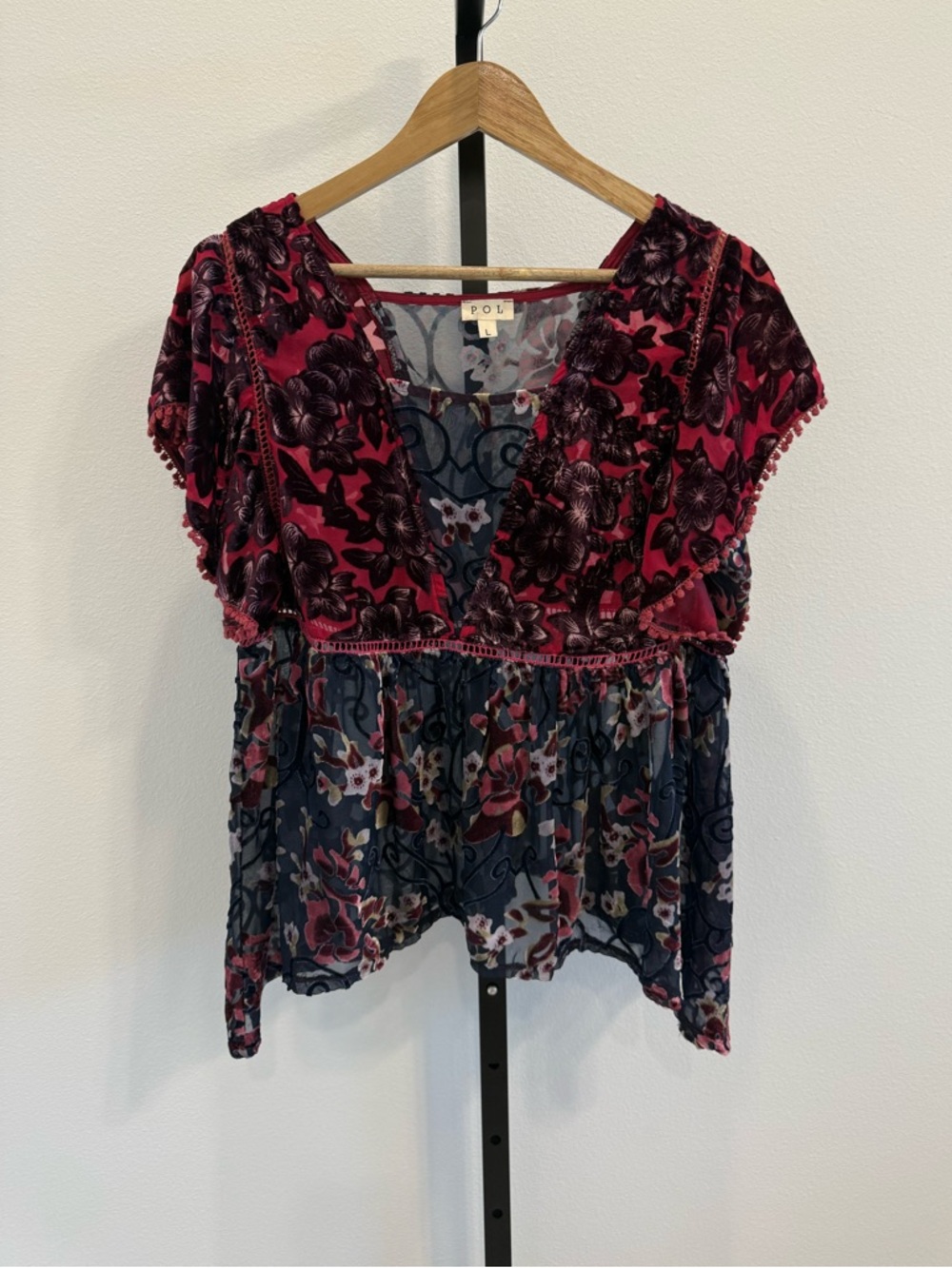 POL Velvet Burnout Floral Shark Hem Top Whimsigoth Fairy Feminine Flirty Large